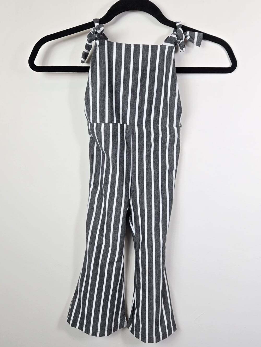 Bailys Blossoms Girls 2T Gray & White Striped Tie Shoulder Bell Bottom Jumpsuit